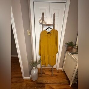 Mustard Yellow Tiered Long Sleeve Dress - Casual Everyday Style
